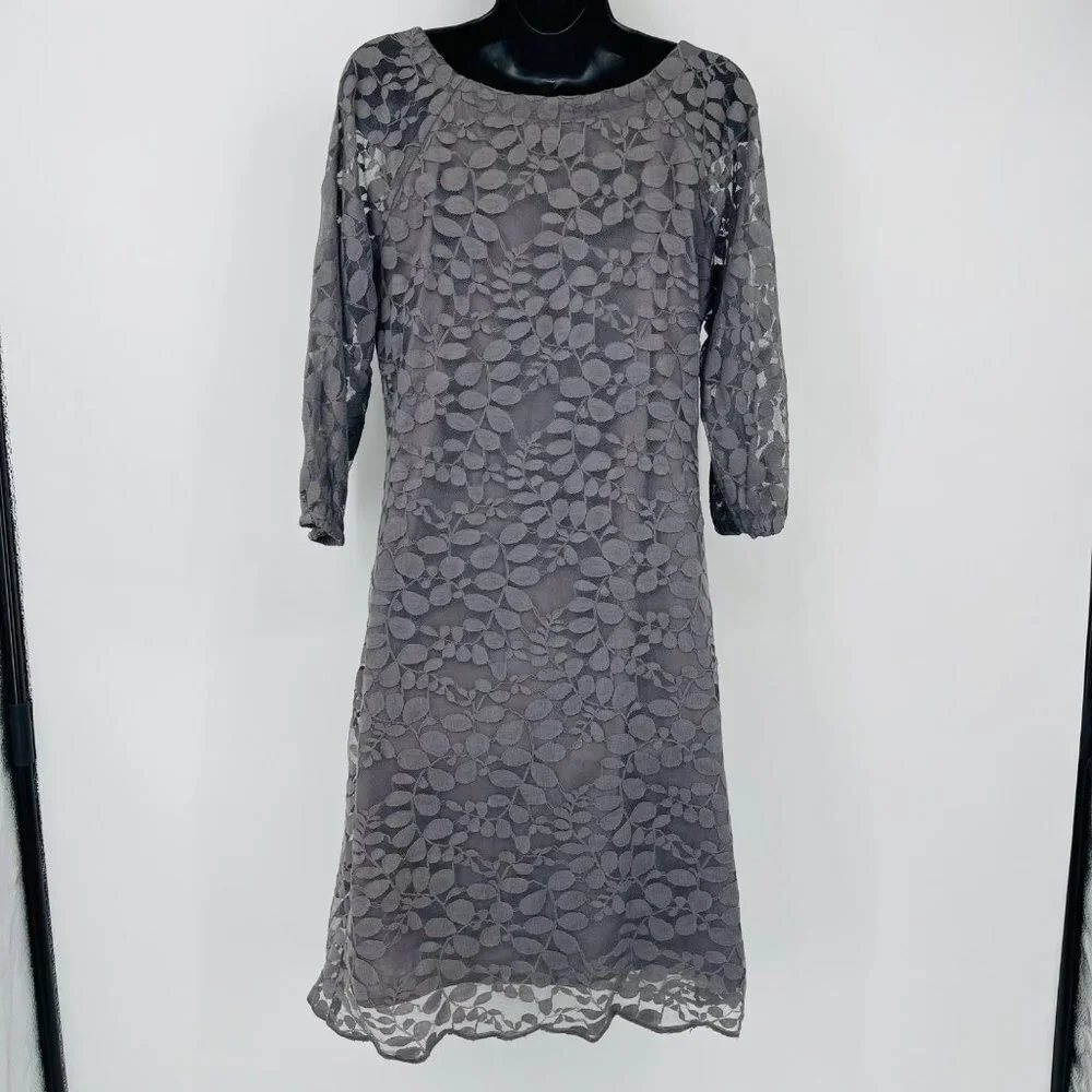 Garnet‎ Hill Women's Bohème Easy Lace Dress Size 4 In Color Gray 3/4 Sleeves